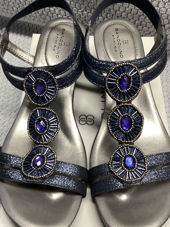 Bandolino Shoes - Bandolino Navy Beaded T-Strap Sandals with Blue Gem Accents